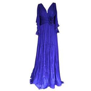 Chiffon Evening Dress Gown with Floral Brooch in Blue - FR 40